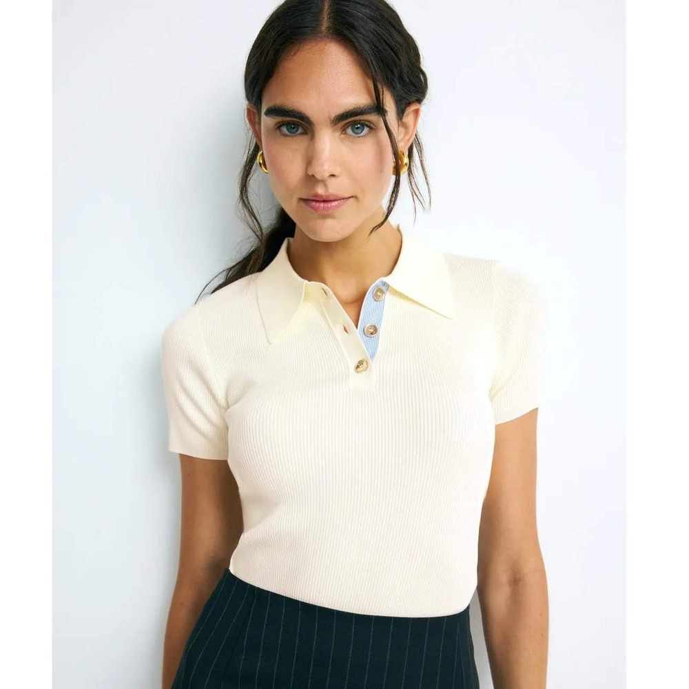 Claudie Pierlot Polo Shirt Off-White Ribbed Polo Sz 2-4 US (1 Claudie)
